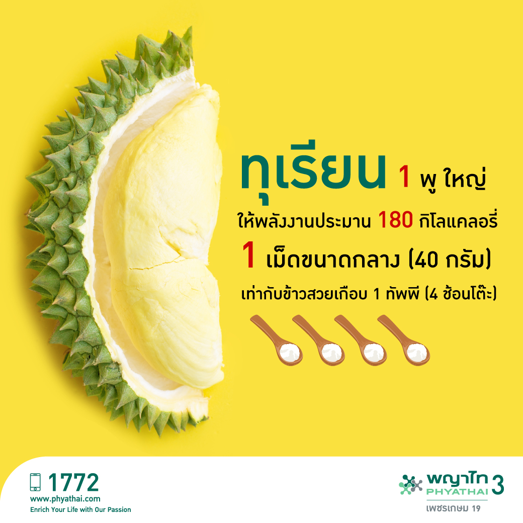 ทุเรียน 1 พูใหญ่ มีพลังงาน 160-180 กิโลแคลอรี่
